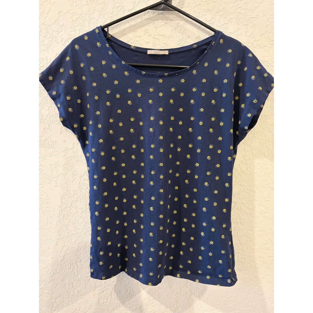 Orsay Navy Blue Yellow Floral Ditsy Print Short Sleeve T-Shirt Womens Small